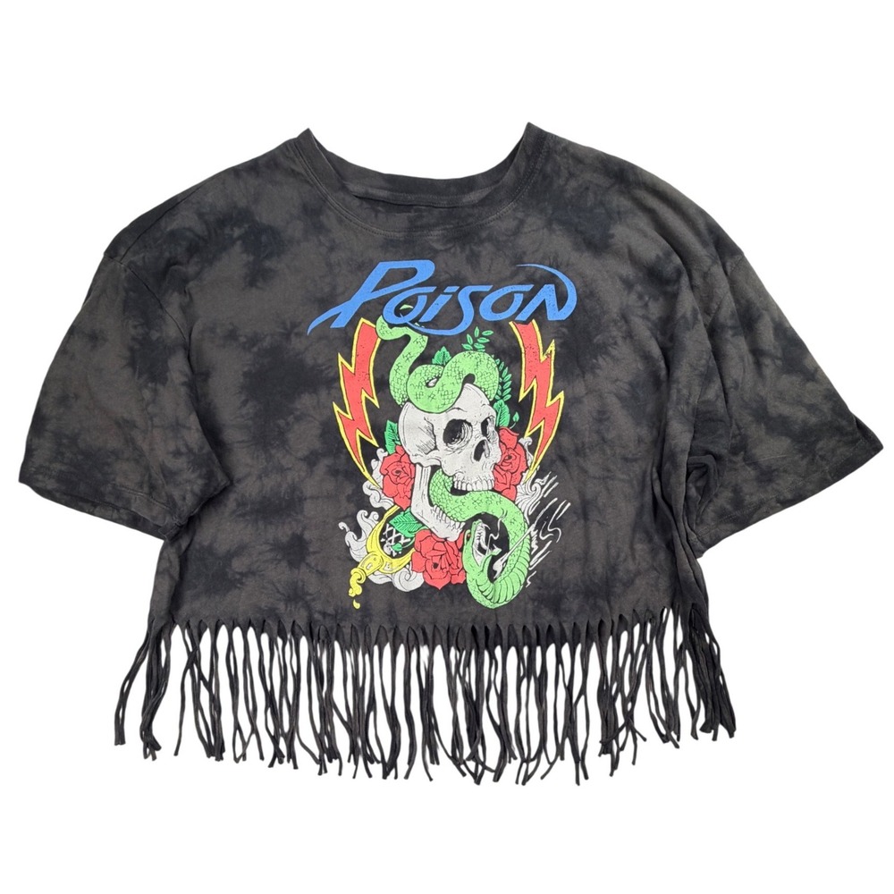 Poison Band Graphic Fringe Crop Top Tie Dye Skull Snake Grey Black Large